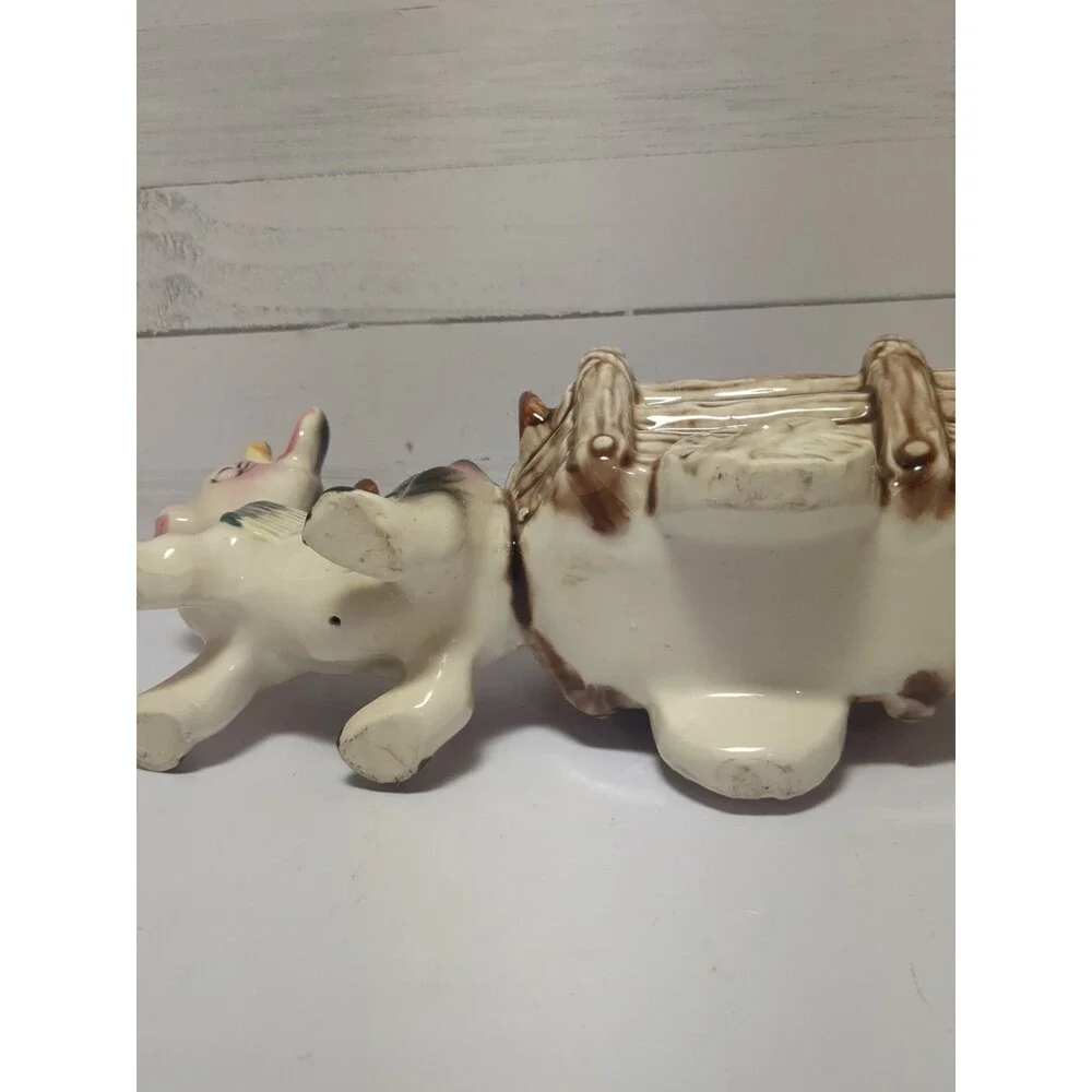 Retro Vintage 50s Kitsch Cow Pulling Cart Ceramic Candy Dish Trinket 10.5
